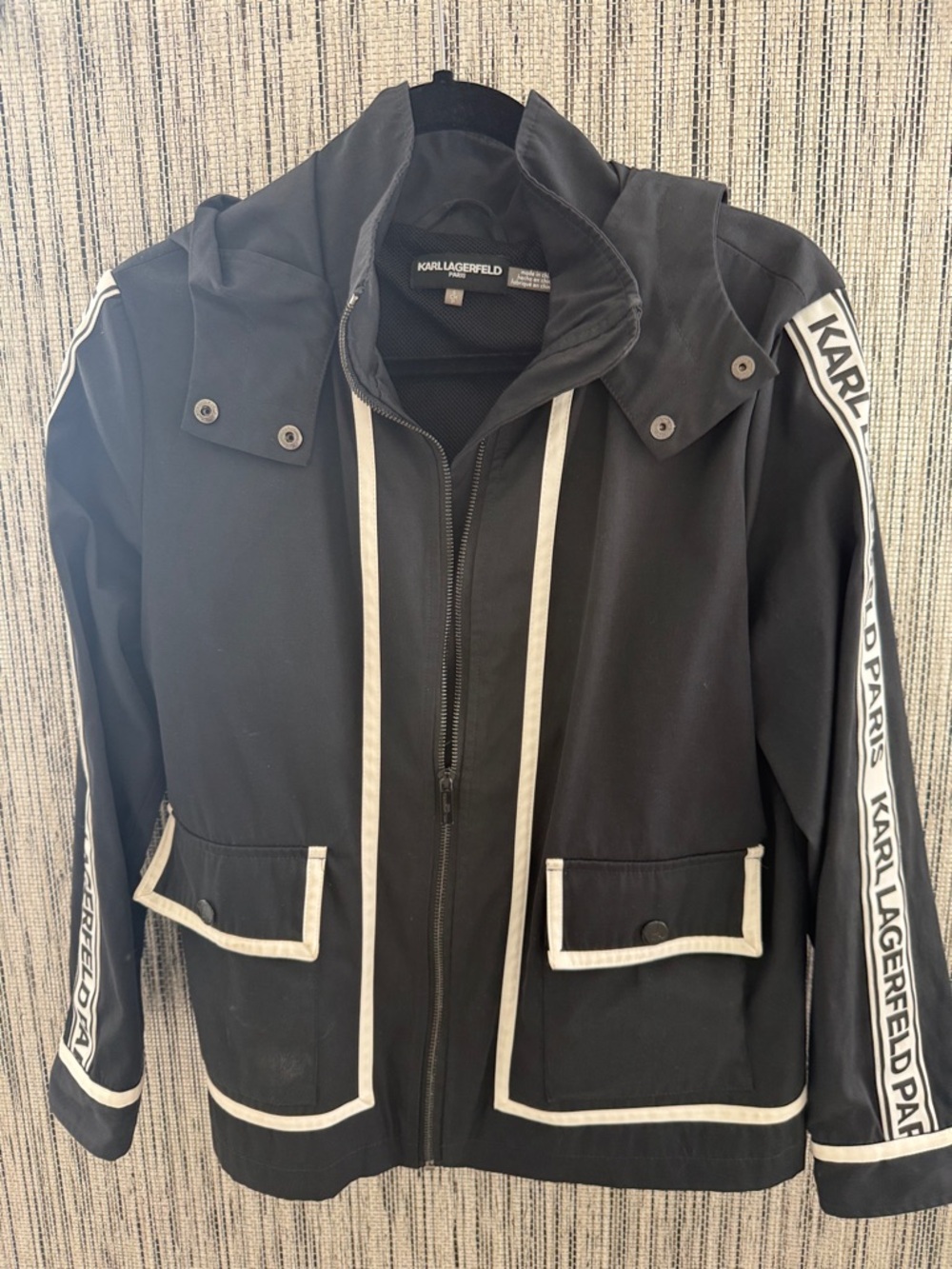 Karl Lagerfeld Black Jacket with White Trim and Branded Sleeve Tape